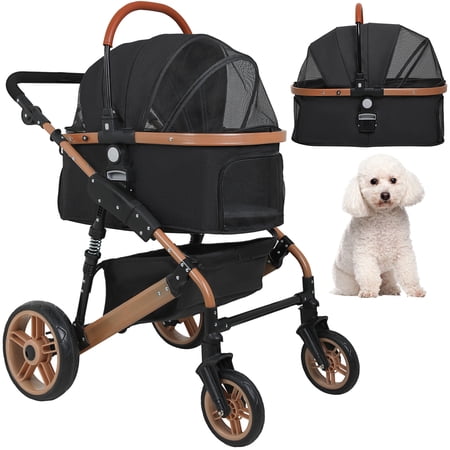 CL.HPAHKL Pet Stroller Premium 3-in-1 Multifunction 4 Wheels Dog Cat Stroller for Large Medium Dogs Cats Aluminium Frame Folding Lightweight Travel Stroller with Detachable Carrier, Black