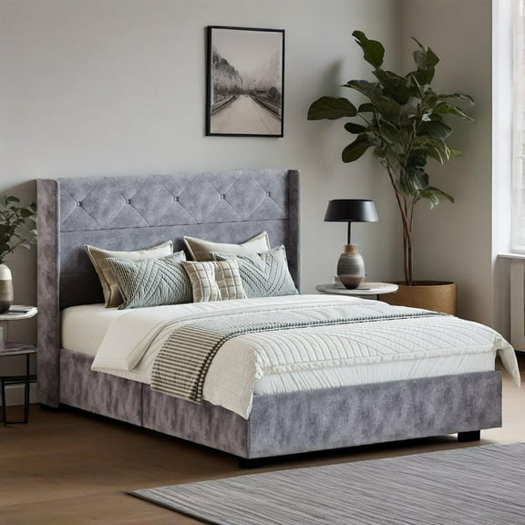 Gianna Full Size Lift Up Storage Bed with Hydraulic Support, Wingback Velvet Upholstered Headboard, No Box Spring Needed, Grey