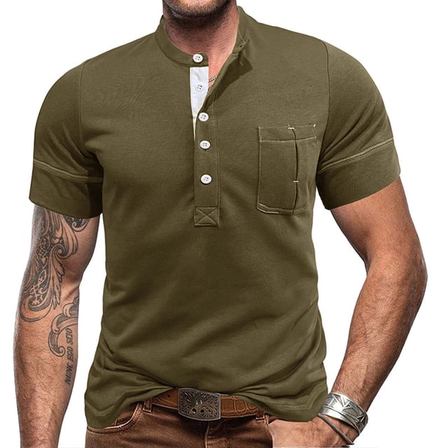 Shorts pour Hommes, Chemises pour Hommes, Chemise à Manches Courtes Muscle Basique Couleur Unie Col Rabattu
