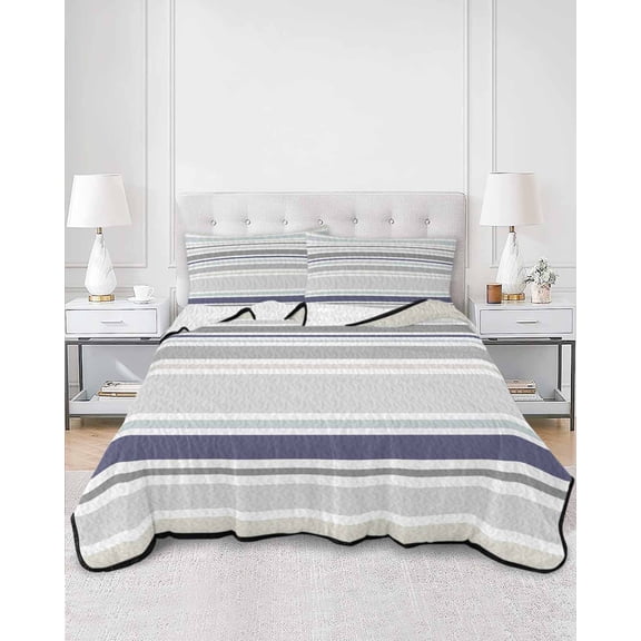 Quilts Queen Size, Gray Stripe Soft Comforter Bedding Set for Bed, Modern Abstract Art Navy Blue Striped Rustic Lightweight Quilted Bedspread with Pillow Cover(2 Pieces) for All Season, 90x96 Inch