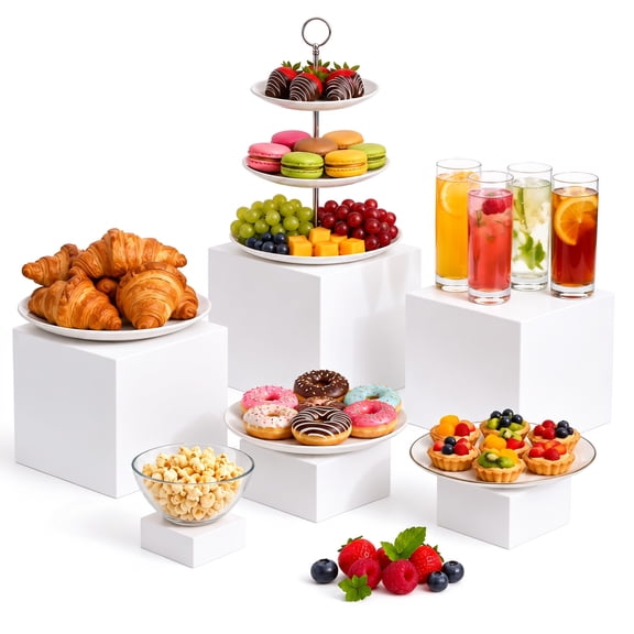 BUSATIA 6PCS Buffet Risers,Buffet Table Risers and Stands,Food Display Risers,White Acrylic Boxes Dessert Table Display Set for Party(Size 8" 7" 6" 5" 4" 3")