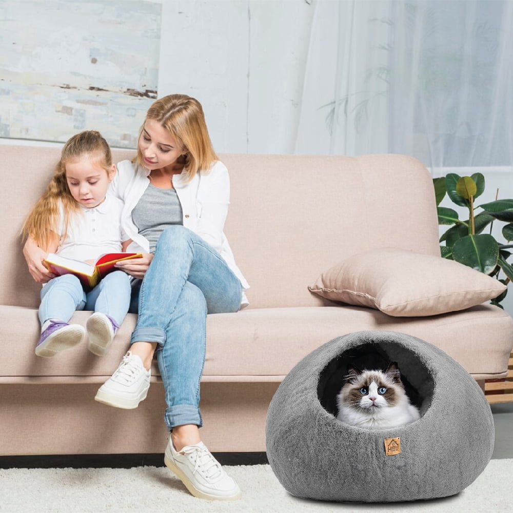 HAUSSIMPLE Wool Cat Cave Bed for Large Cats, Pet Sleeping Bed Natural 100% Merino Wool - Plain Gray