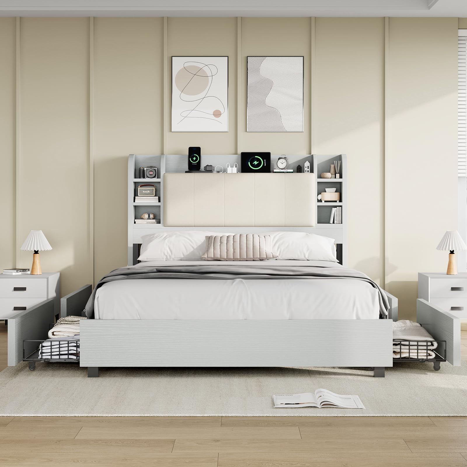Amerlife Queen Size Bed Frame with Drawers,Upholstered Bookcase Headboard and Charging Station,Gray