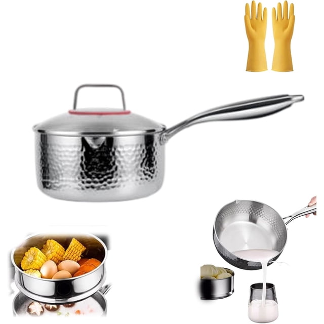 Titanium Saucepan with Lid No Coating Non Stick Hammered Titaniums Pans for Cooking Fast Even Heating Dual Pour Spouts Compatible with All Cooktops with Steamer1.5-4 Quart (Silver(No Steamer), 3.0QT)