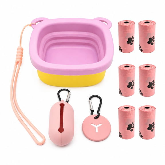 Portable Pet Outdoor Kit, Collapsible Dog Bowl, Poop Bag Dispenser with 6 Rolls Waste Bags