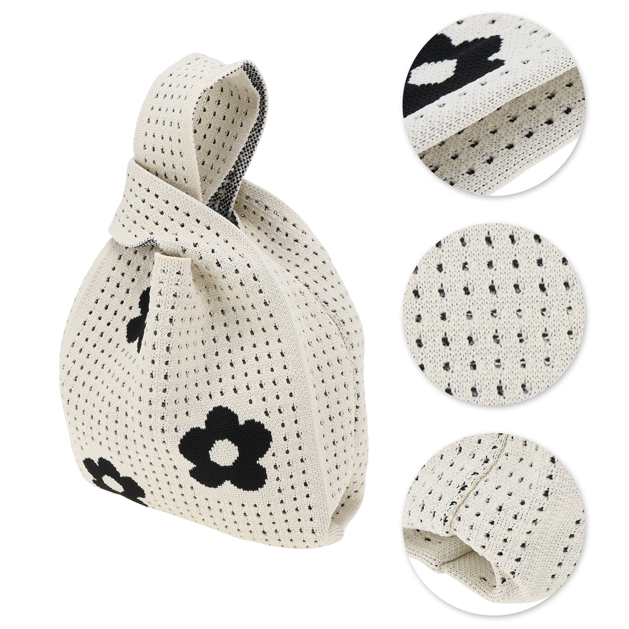 Unique Bargains Stylish Openwork Flower Knitted Wrist Bag for Everyday Use Beige