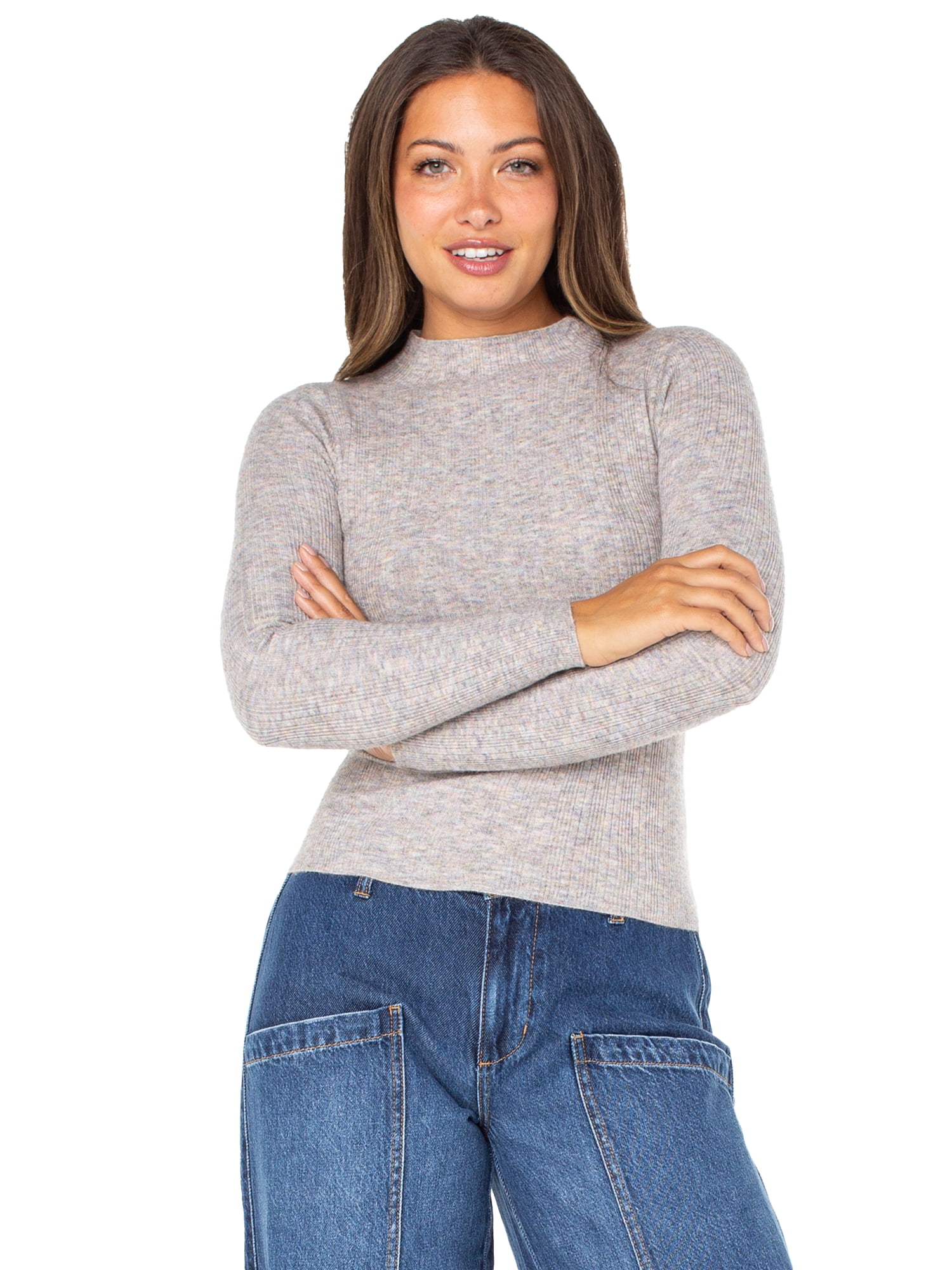 Celebrity Pink Women's Mock Neck Rib Top with Long Sleeves, Sizes XS-XXXL