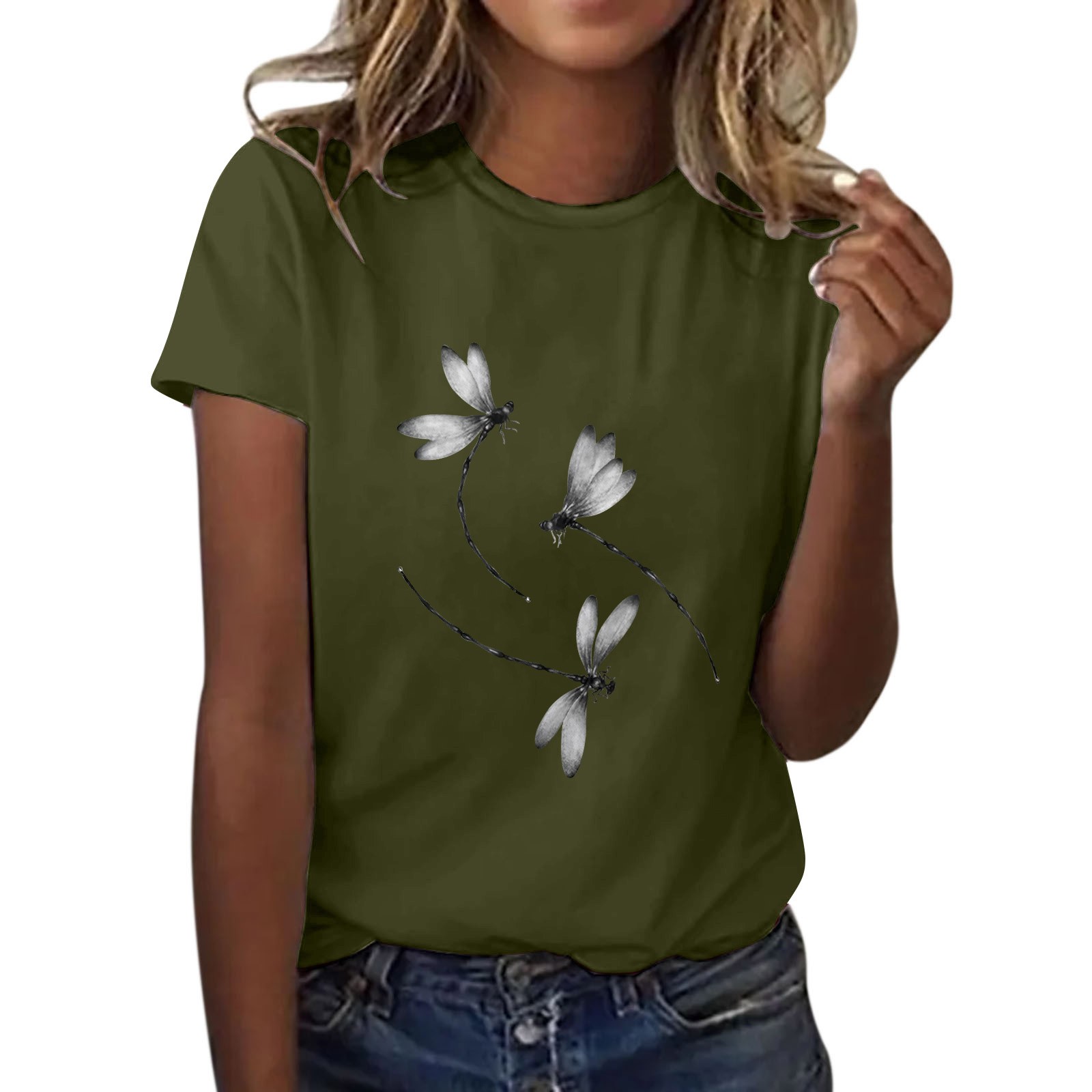 Holzkary Women's T-Shirts V-Neck Boho Dragonfly Print Graphic Tees Shirts Cute Casual Summer Tops Short Sleeve T Shirt Round Neck T Shirt Top Lightweight Soft Summer Clothing Clothes Army Green S
