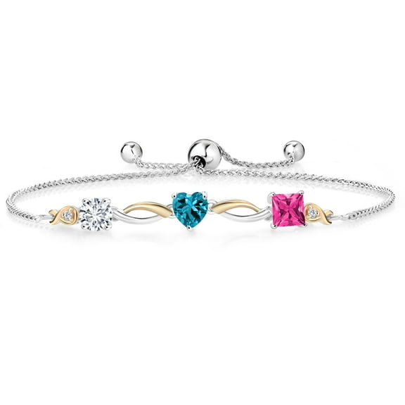 Gem Stone King 925 Silver and 10K Yellow Gold London Blue Topaz Pink Mystic Topaz and Lab Grown Diamond Tennis Bracelet for Women By Keren Hanan (2.25 cttw, Adjustable up To 9 inch)