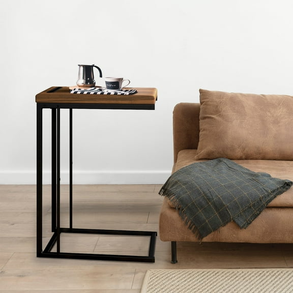 eHemco Slide Under Sofa C Shaped Side Table with Coffee Top for Living Room, 27 Inches