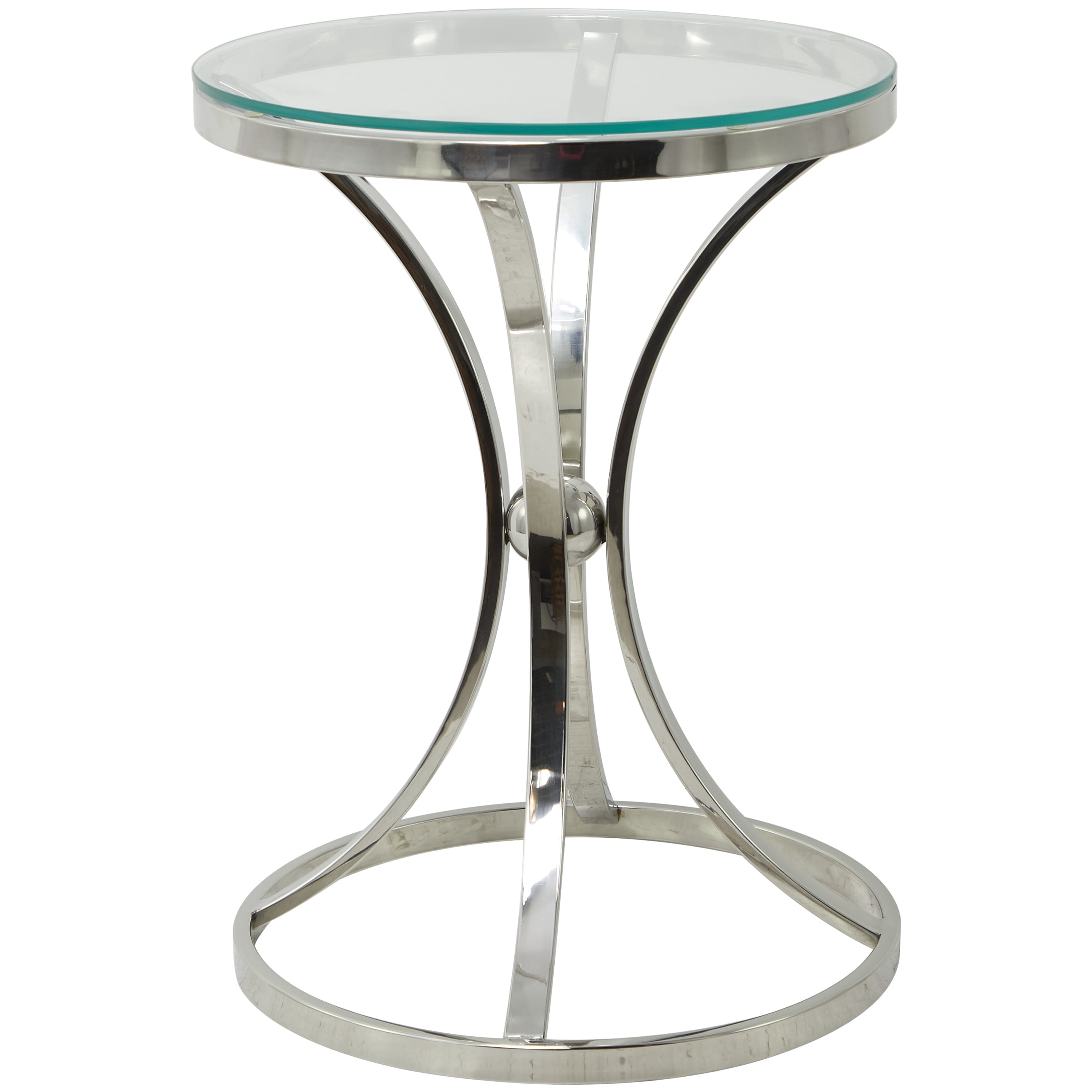 DecMode 18" x 25" Silver Stainless Steel Hourglass Shaped Stand Accent Table with Clear Glass Top, 1-Piece