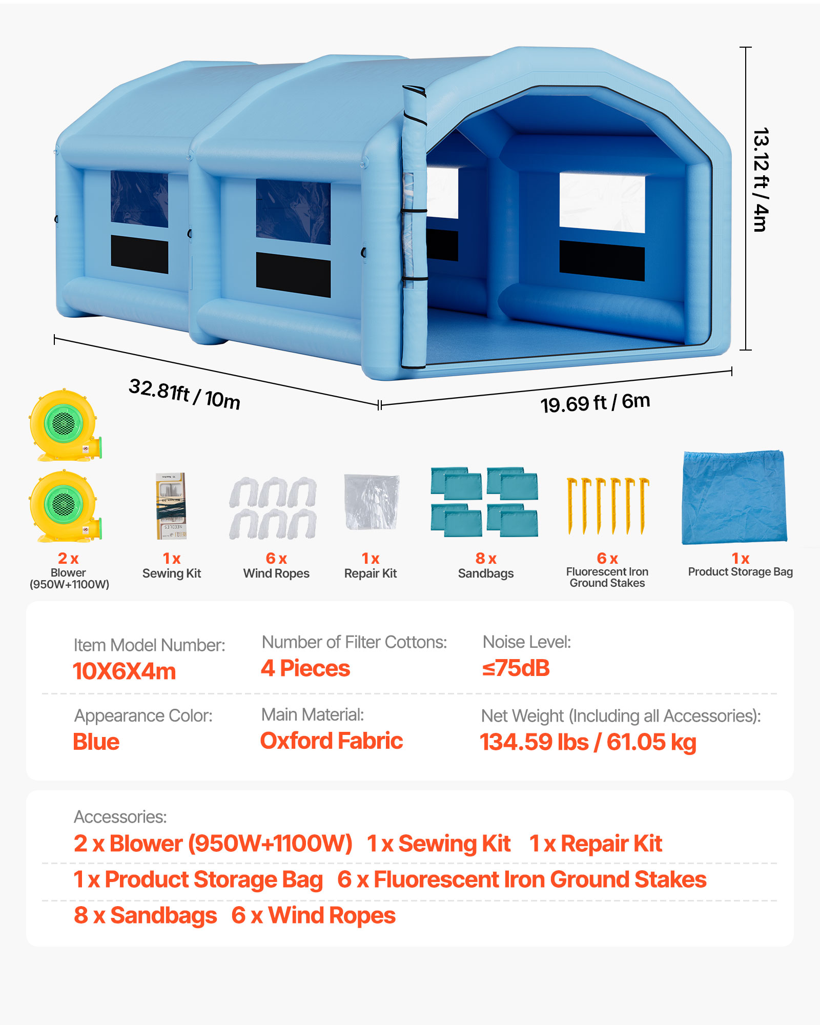 VEVOR Inflatable Paint Booth, 32.81 x 19.69 x 13.12 ft, Inflatable Spray Booth with 950W and 1100W Blowers and Air Filter System, Round Roof, for Painting Car, Truck, Furniture,Automotive Sheet Metal