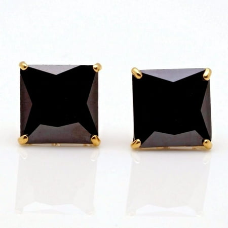 4Ct Created Black Diamond Princess Cut Stud Earrings In 14K Yellow Gold Basket