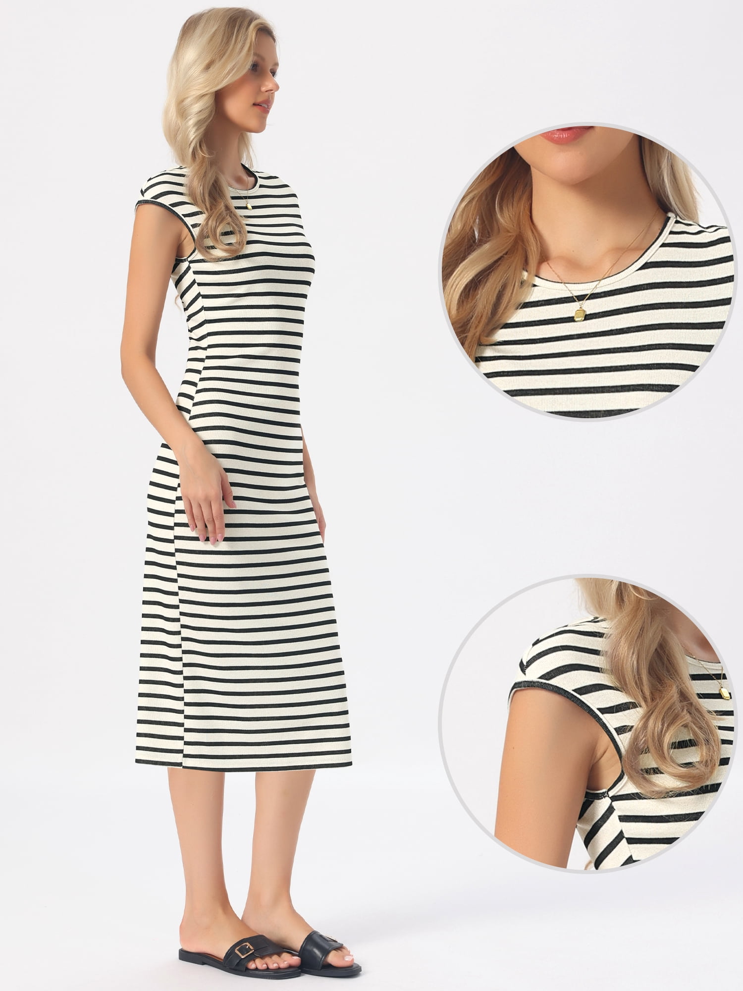 DARING DIVA Women's Knit Bodycon Cap Sleeve Crew Neck Striped Dress XL Apricot Black