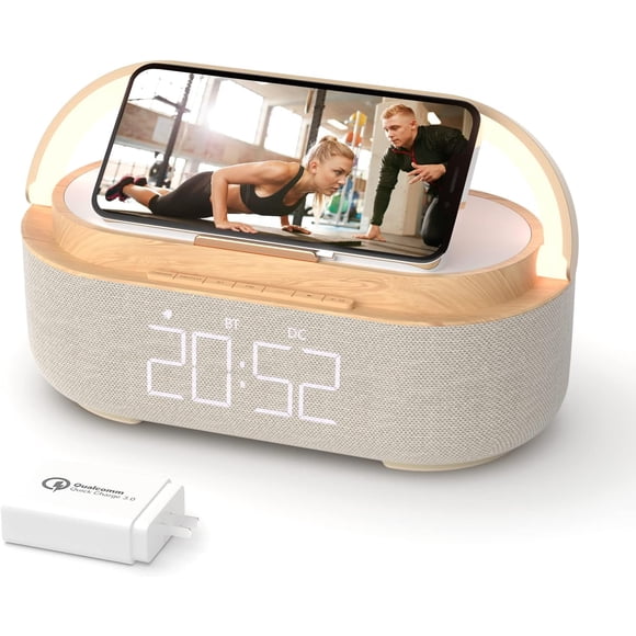 Navor 6-in-1 Bluetooth Speaker Alarm Clock with 15W Wireless Charger, FM Radio, LED Night Light, Digital Display, Dual Speakers, Phone Holder, 1800mAh Battery Backup