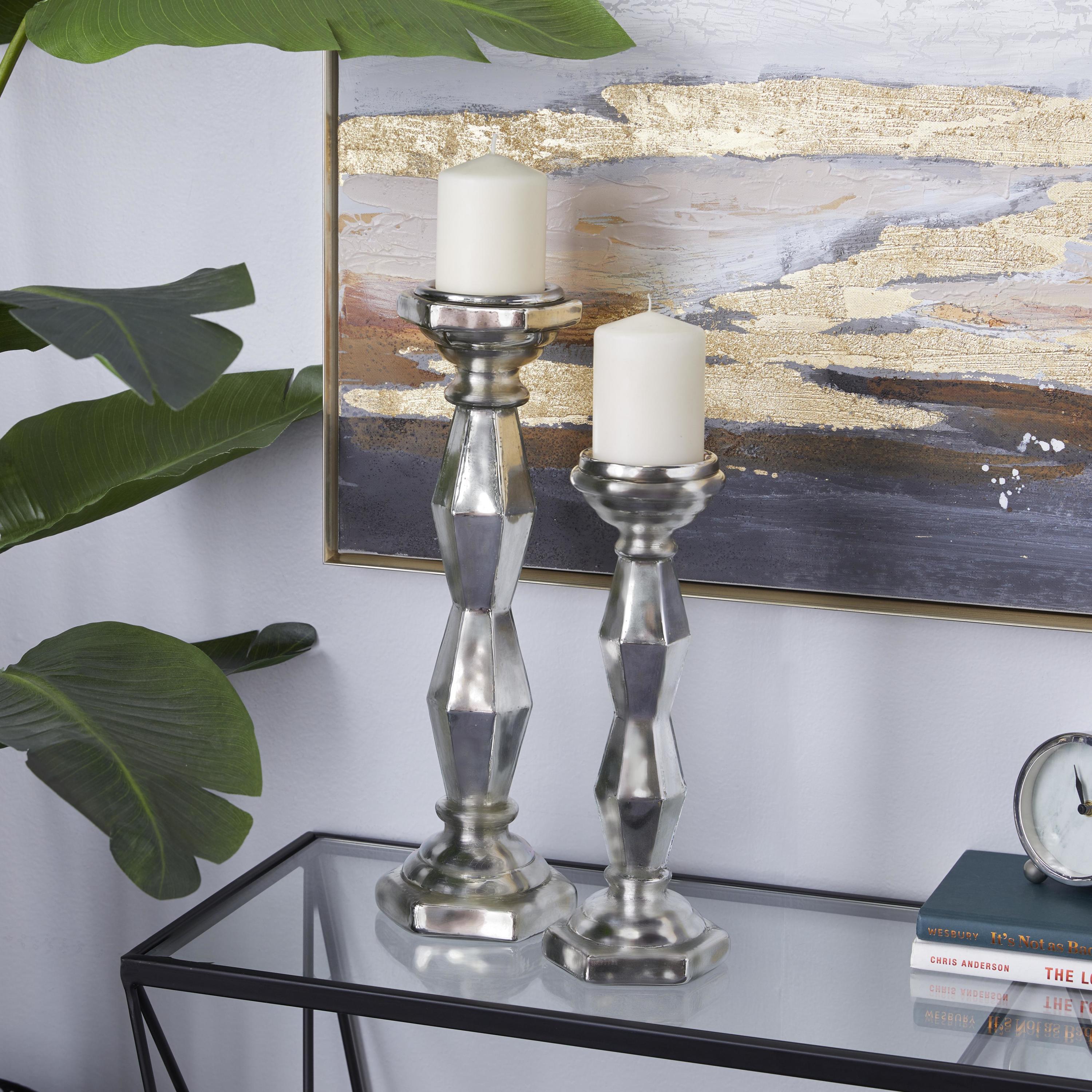 DecMode 2 Candle Silver Glass Candle Holder, Set of 2