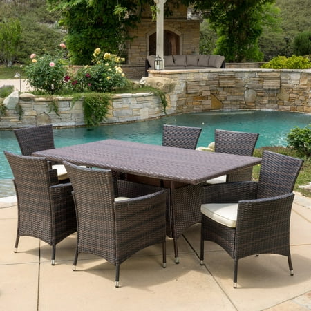 Isabella Wicker 7 Piece Rectangular Patio Dining Set with Cushions