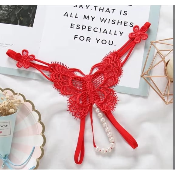 TWO BUTTERFLY SEXY THONG WITH PEARL AND OPEN CROTCH- ONE SIZE FITS ALL