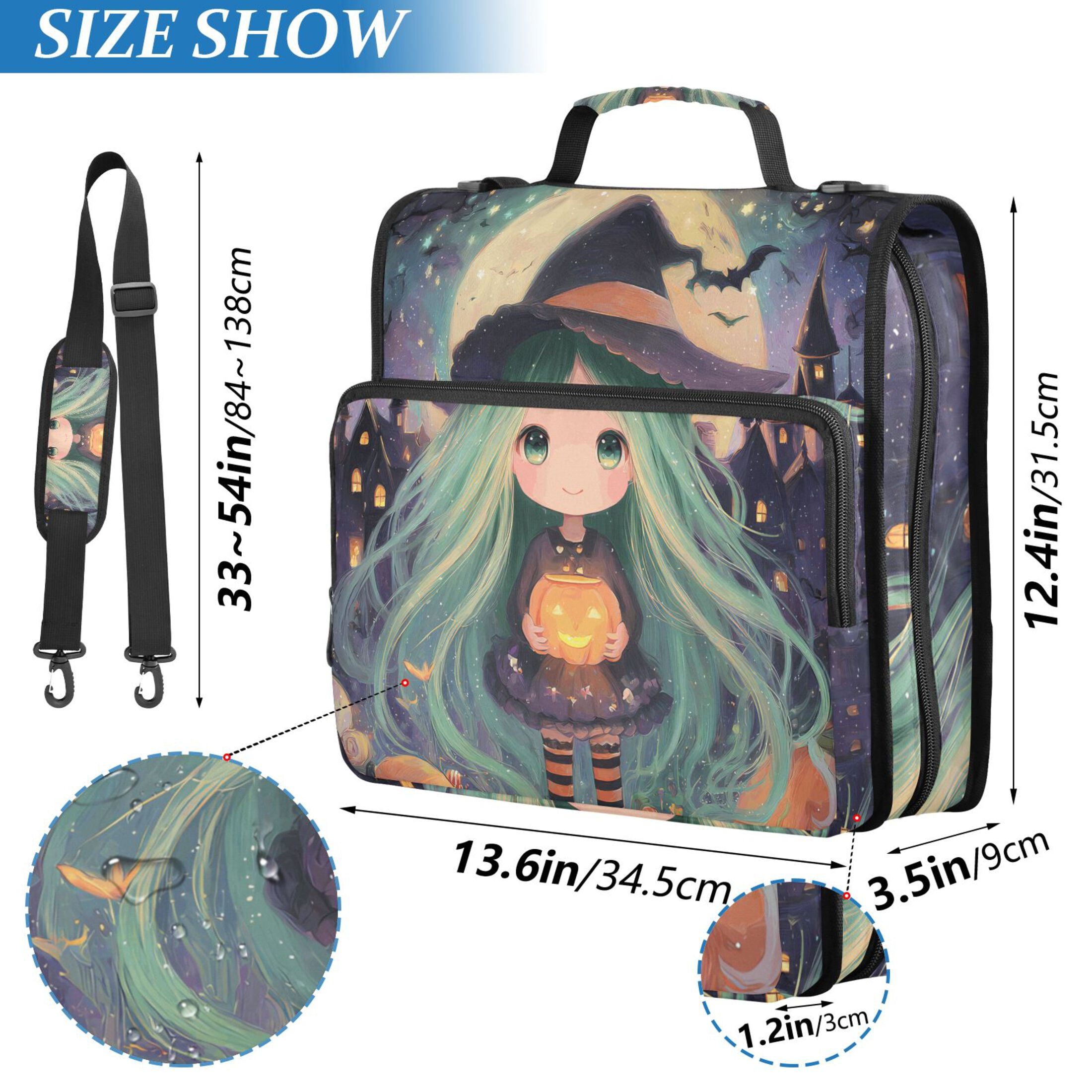 3 Ring Zipper Binder with Shoulder Strap Waterproof Trapper Keeper 2 Inch D-Ring 500 Sheets Capacity Cute Witch Hold Halloween Pumpkins