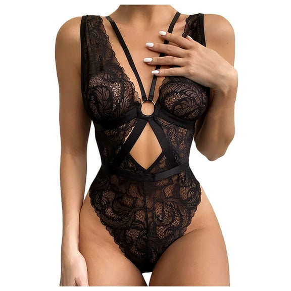 Odeerbi Women's Lingerie Bodysuit Set Teddy Lingeries 2025 Valentine's Day Sexy Lingerie Lace Hollow Out Temptation Underwear Sleepwear Jumpsuit Bodysuits Black