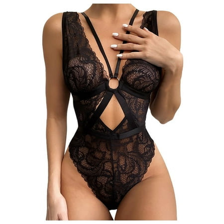 Odeerbi Women s Lingerie Bodysuit Set Teddy Lingeries 2025 Valentine s Day Sexy Lingerie Lace Hollow Out Temptation Underwear Sleepwear Jumpsuit Bodysuits Black
