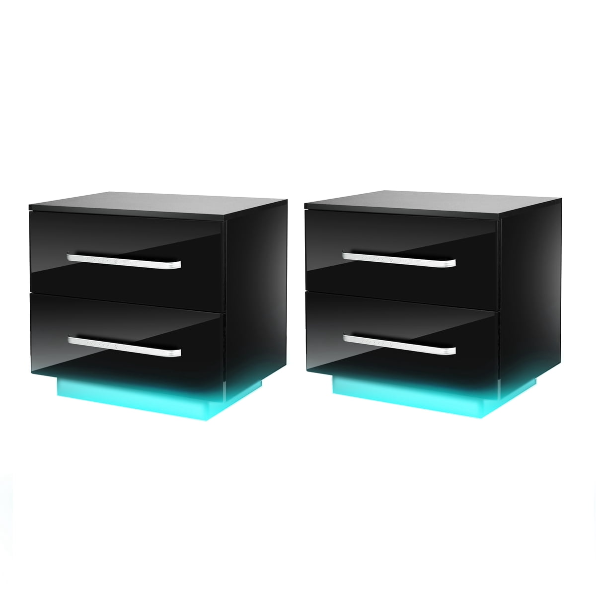 Hommpa Modern LED Nightstand Set fo 2 High Gloss Black Bedside Table