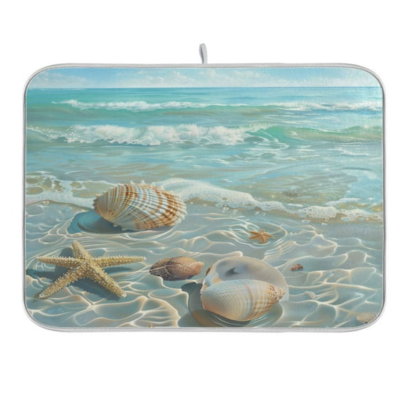 Dish Drying Mat Kitchen Counter Seashells Sea Stars Beach Dishes Drainer Pad Absorbent Microfiber Reversible 16"x18"