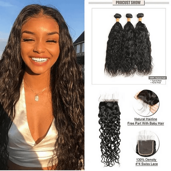 USTAR 4x4 Lace Closure 10 Inch with 3 Bundles Brazilian Virgin Human Hair 8 10 12 Inch, Water Wave Natural Black for Black Women Deal