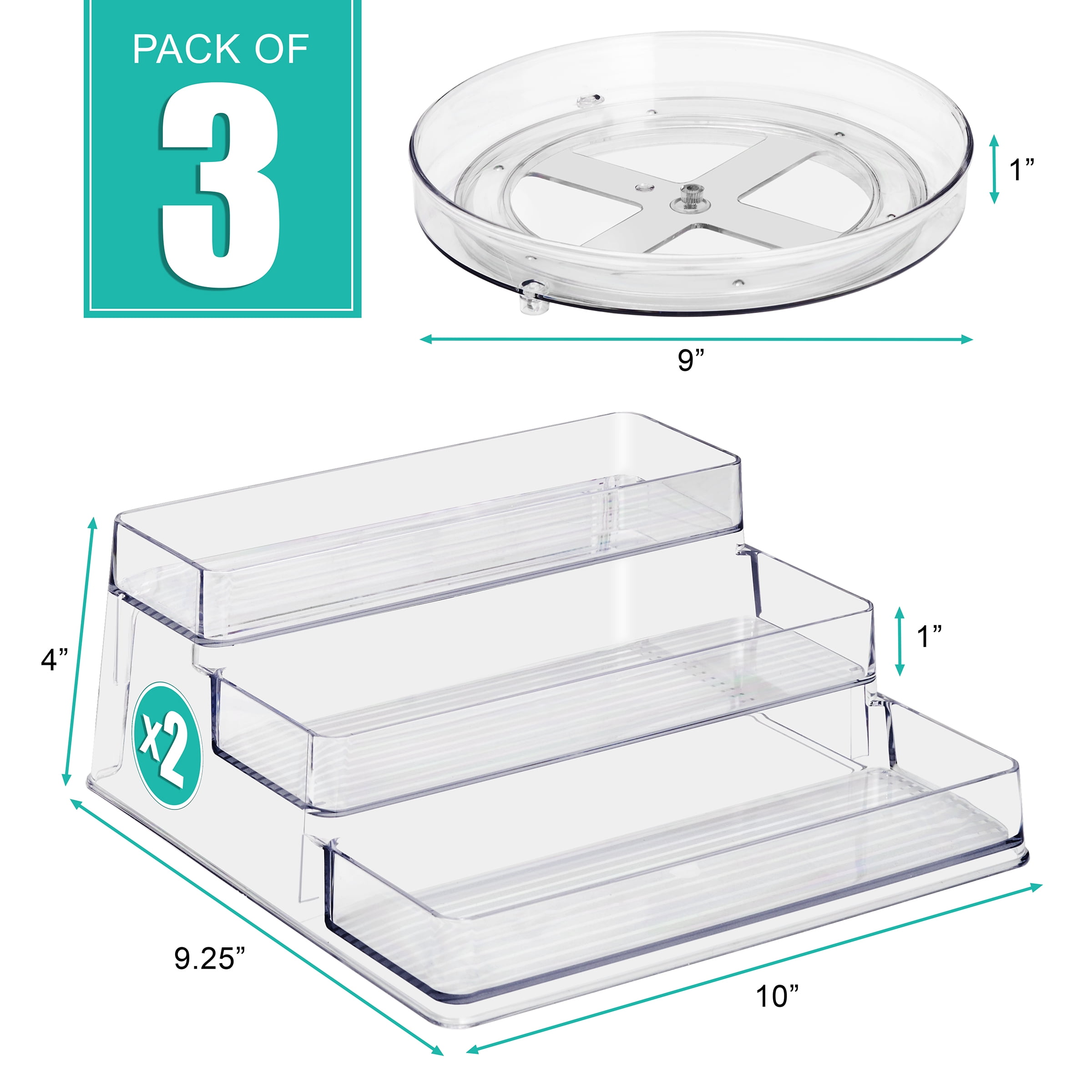Sorbus Clear Acrylic 3 Tier Spice Rack Set, 2 Pack with 9" Lazy Susan, Kitchen Pantry Storage