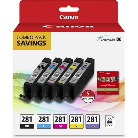 Photo Ink Set - Canon CLI-281 Combo Ink Pack with Glossy Photo Paper (20 Sheets, 5