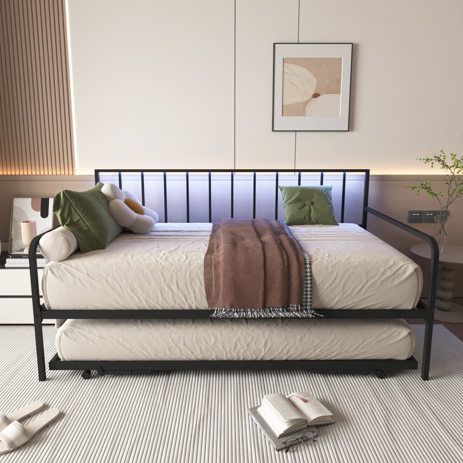 PORKISS LED Twin Daybed with Trundle, Metal Frame, Charging Station, Twin Size Bed Frame, No Box Spring Needed, Black