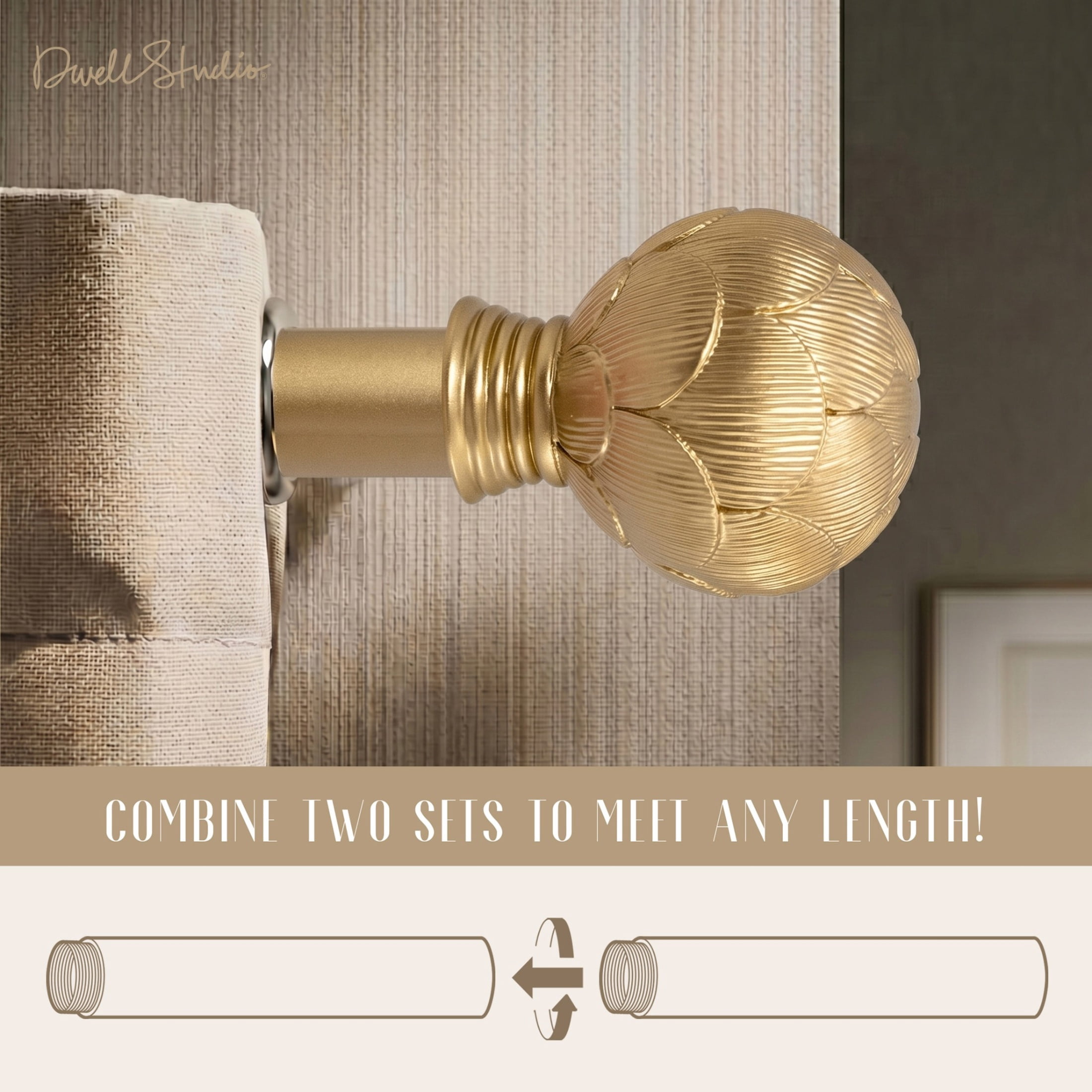 Dwell Studio, Cutomizable Curtain Rods, 3/4" Iron Material, 20 inch-120 inch Kit, Satin Brass