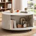 thumbnail image 5 of ROGALIS 31.5" Round Coffee Table with Storage, Modern Coffee Table with 360° Curved Sliding Door, Fluted Wood Coffee Table with Adjustable Footpads for Living Room, Natural White, 5 of 6