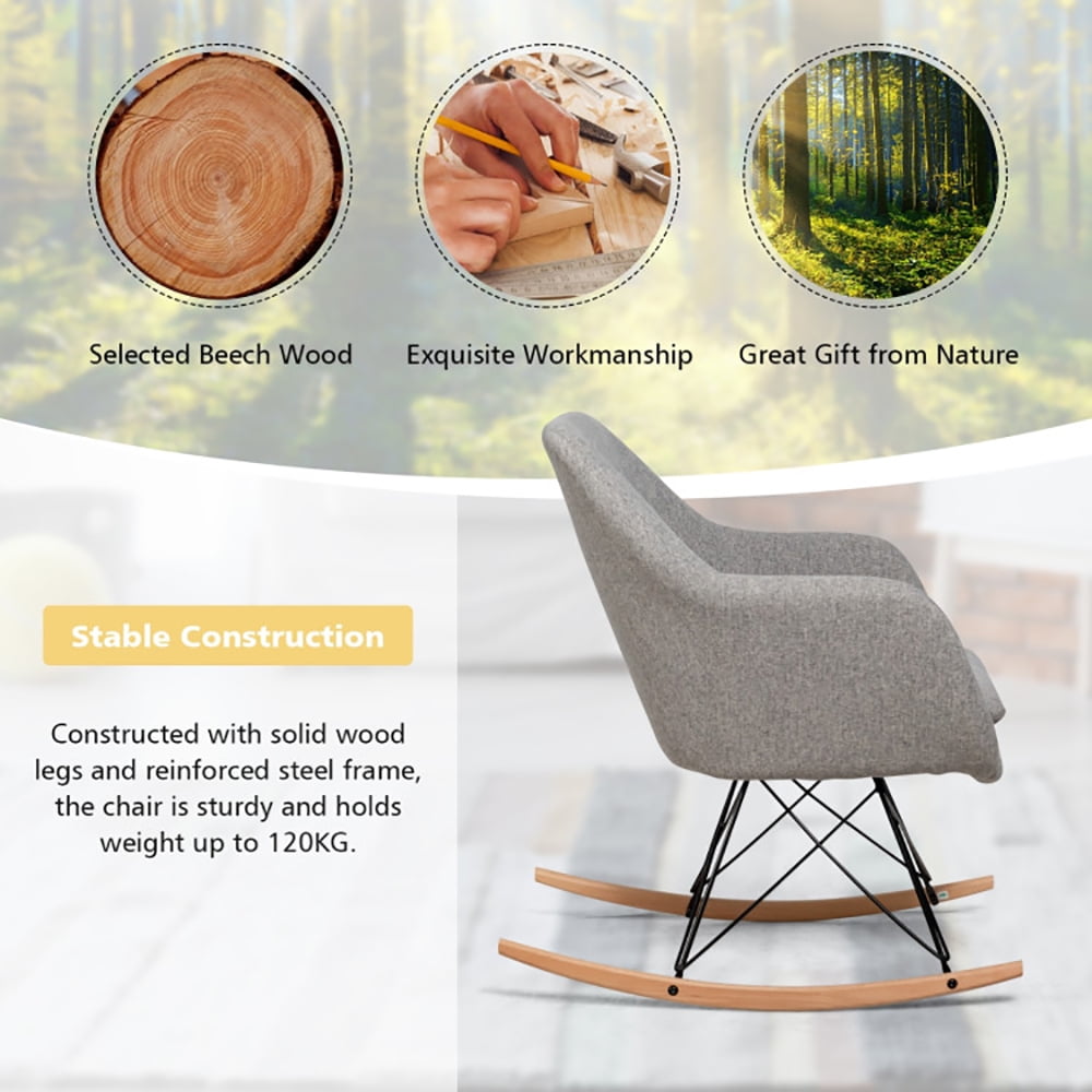 Finihen Rocking Arm Chair, Upholstered Rocking Arm Chair with Solid Steel Wood Leg, for Living Room, Bedroom, Gray Finihen Rocking Arm Chair, Upholstered Rocking Arm Chair with Solid Steel Wood Leg, for Living Room, Bedroom, Gray