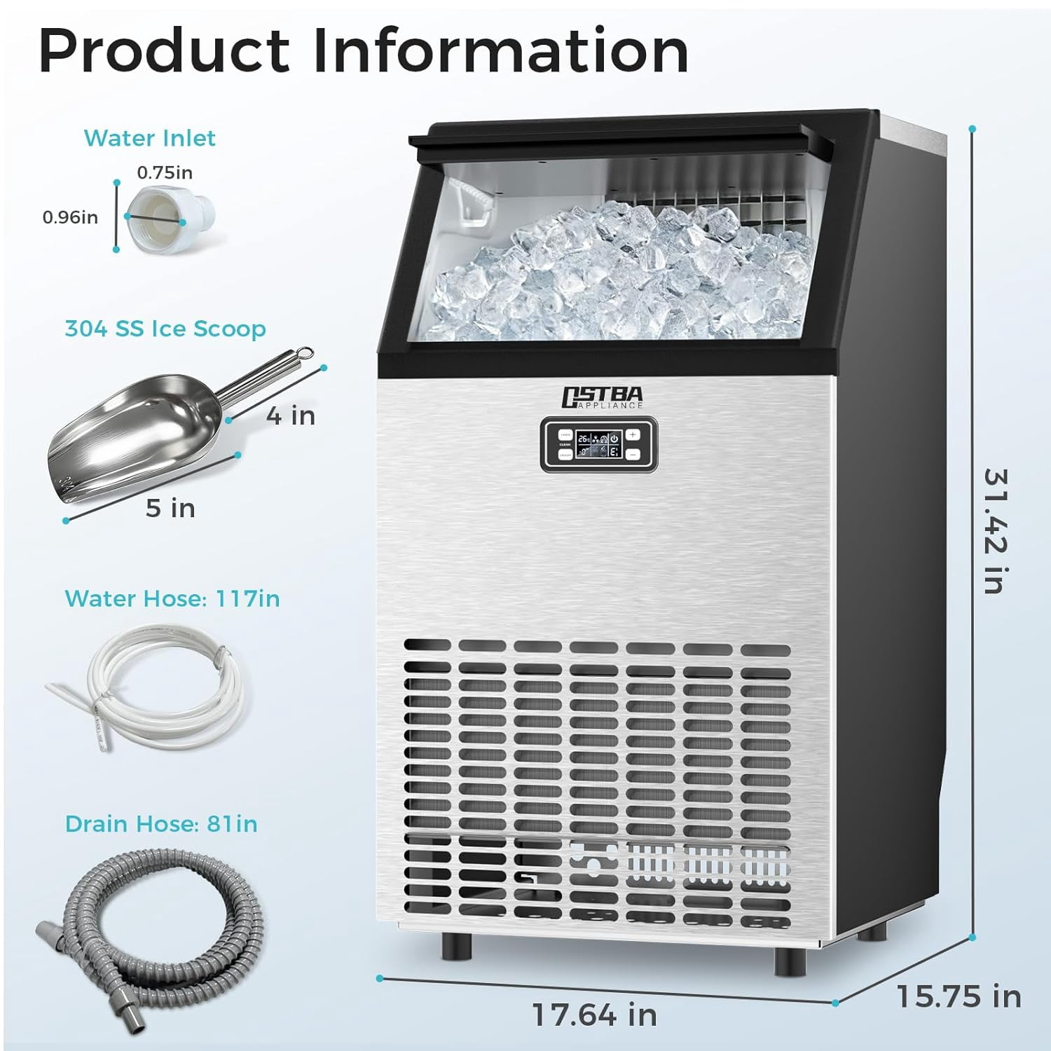 OSTBA Commercial Ice Maker, 100 LBS/24H Ice Machine, Under Counter & Freestanding Automatic Ice Maker, Self-Cleaning, LCD Display, ETL Certified for Bar, Restaurant & Commercial Use