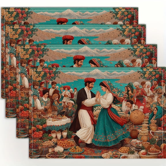 4pcs Traditional Persian Nowruz Placemats - Vintage Iranian New Year Haftsin Table Mats with Sabzeh, Senjed, Somaq & Rubarb Motifs, 12x18 Inch for dinner Parties