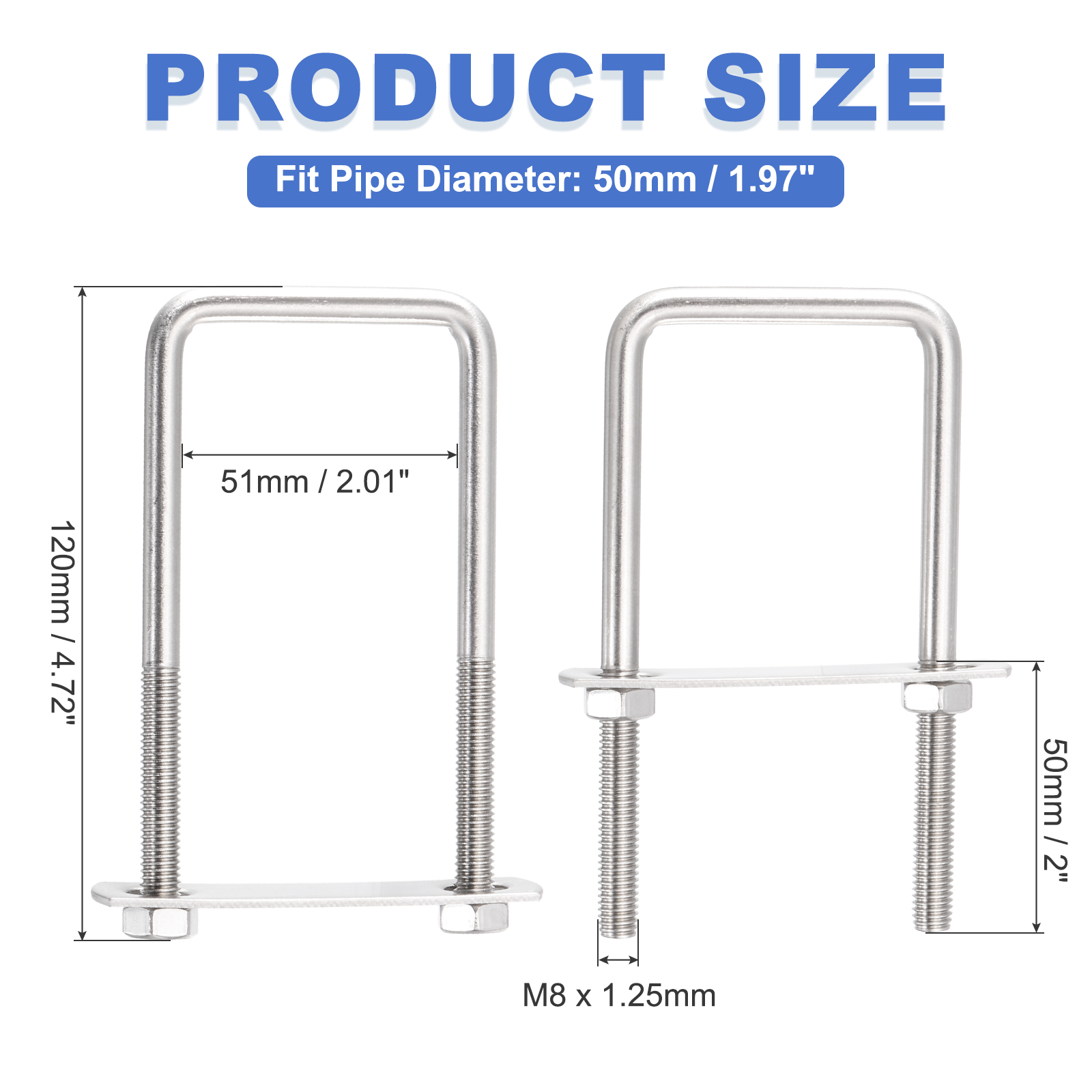 Uxcell 4 Sets M8 Square U-Bolts, 2.05" Inner Width 4.72" Length 304 Stainless Steel U Clamp Bolts with Nuts, Plates and Wrench