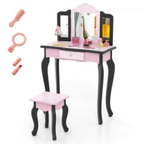 Infans Kids Vanity Set Toddler Makeup Table & Stool w/ Tri-folding Mirror Drawer