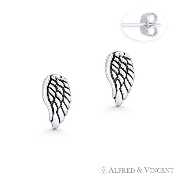 Antique-Finish Angel's Wing Charm Stud Earrings in Oxidized .925 Sterling Silver
