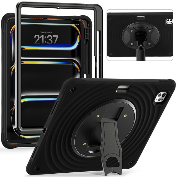 Dteck for iPad Pro 13 Inch Case 2024 M4 (7th Generation), Heavy Duty Shockproof Protective Case with 360° Rotating Stand, Shoulder Strap and Pen Holder,Black