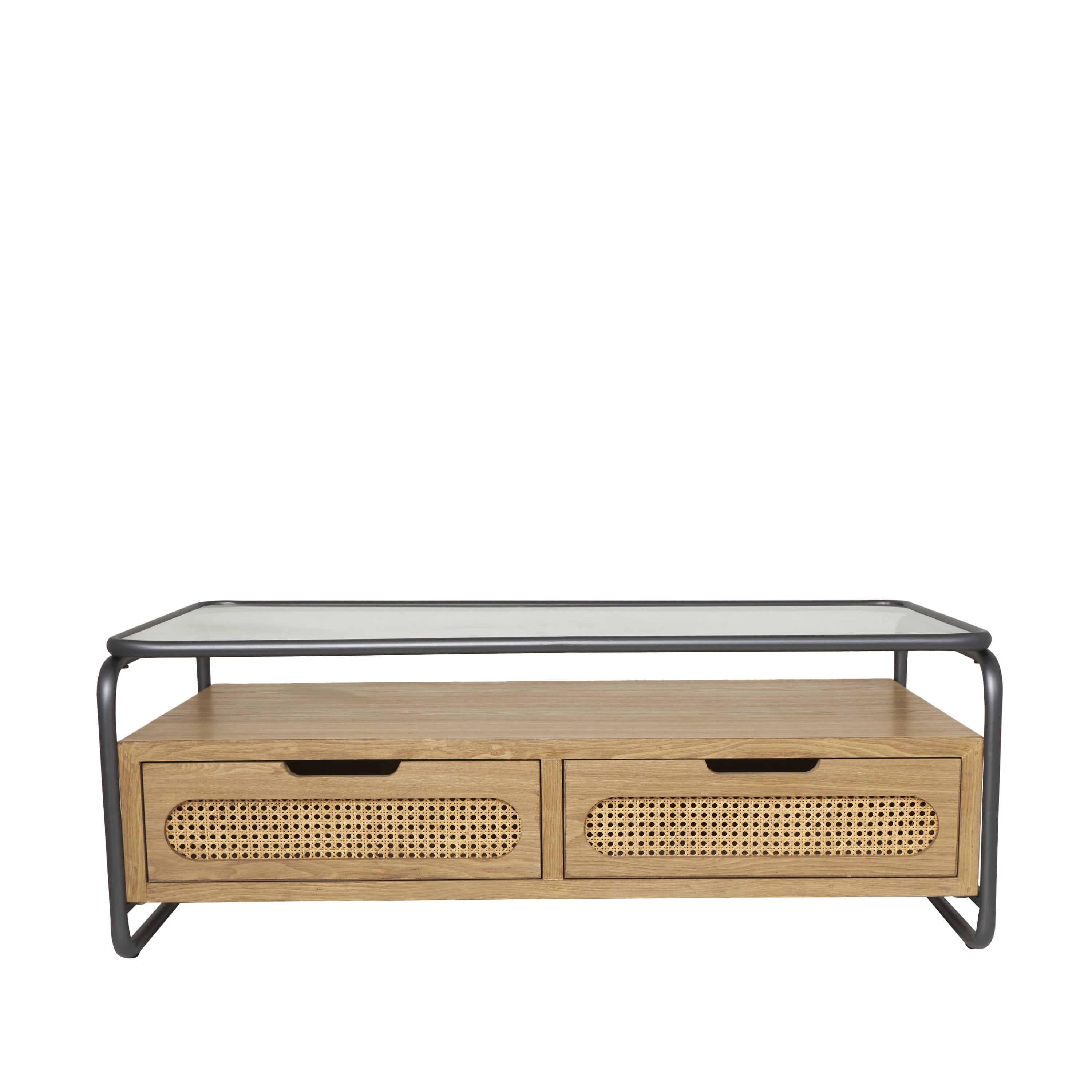 DecMode 47" x 18" Brown Wooden 1 Shelf Coffee Table with 2 Cane Front Drawers and Gray Metal Frame, 1-Piece