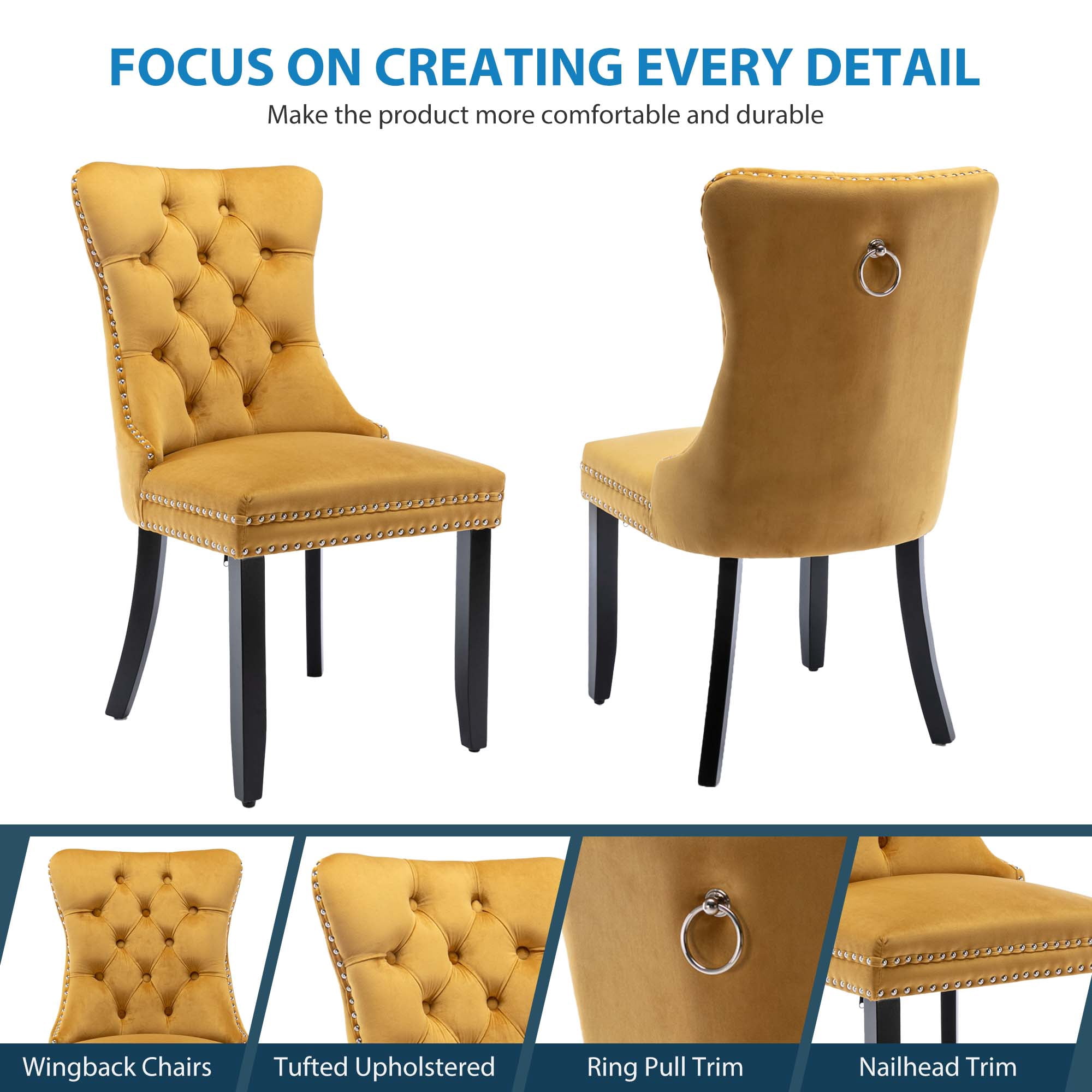 Aukfa High-End Upholstered Dining Chairs Set of 2, Modern Tufted Solid Wood Side Chair with Nailhead Trim - Gold