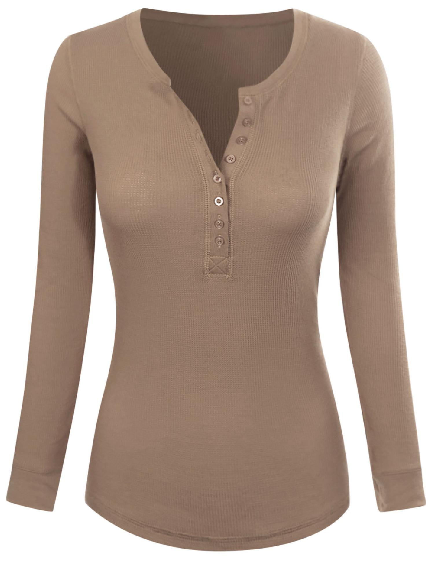 Deep V-Neck Button Placket T-shirt Tan 