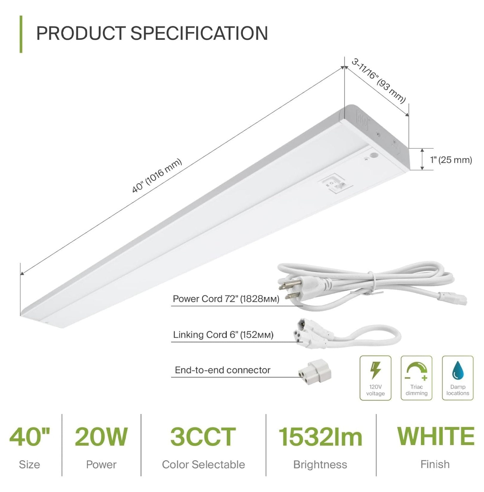 40 Inch LED Under Cabinet Lighting Plug in or Hardwired, High/Low/Off , 20W 120V 3 CCT 2700K/3000K/4000K CRI90+, Triac Dimmable Linkable Under Counter Lights for Kitchen, ETL Listed, White