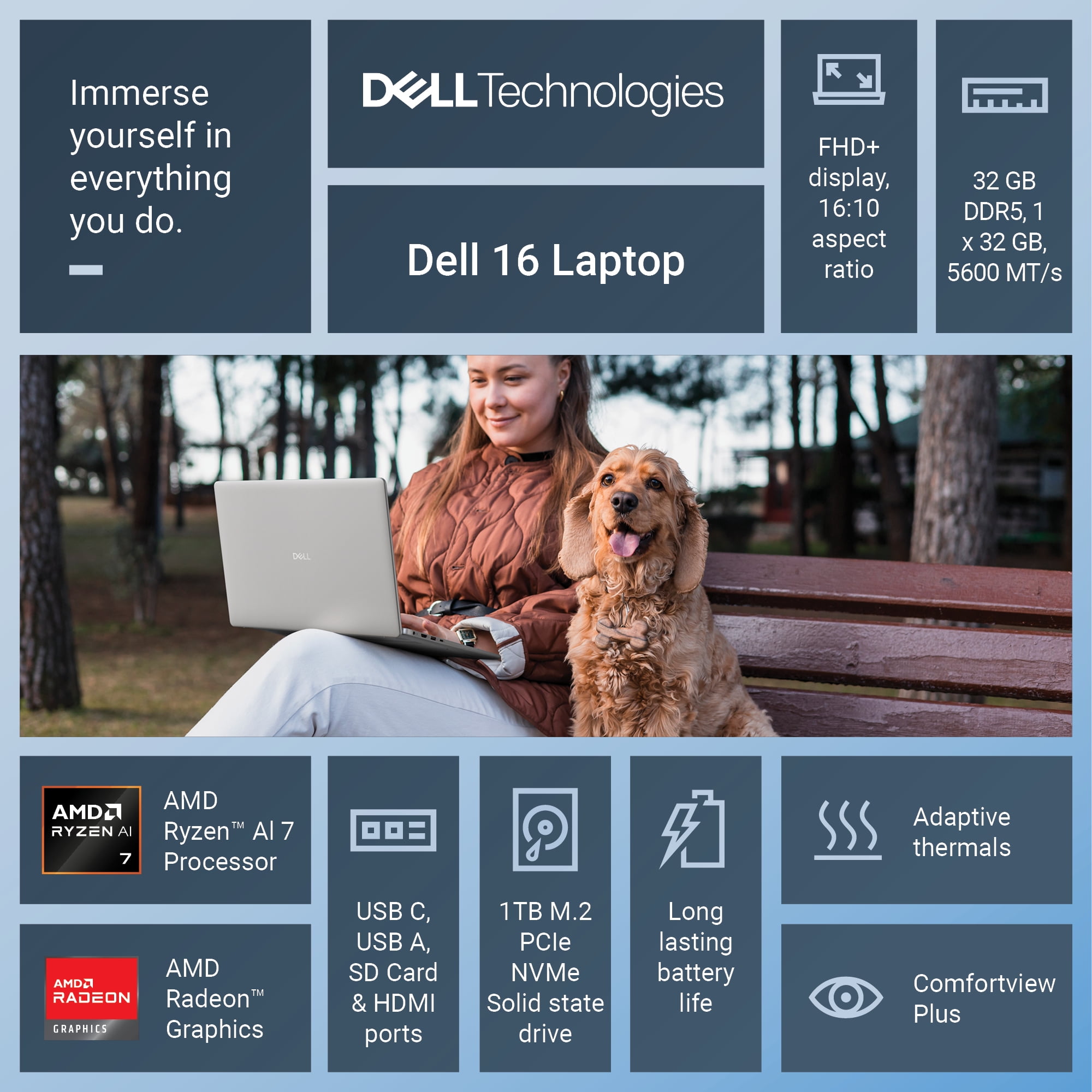 Dell 16" FHD+ Touch Laptop AMD Ryzen™ AI 7 350 Processor, 32 GB RAM, 1 TB SSD, Windows 11 Home