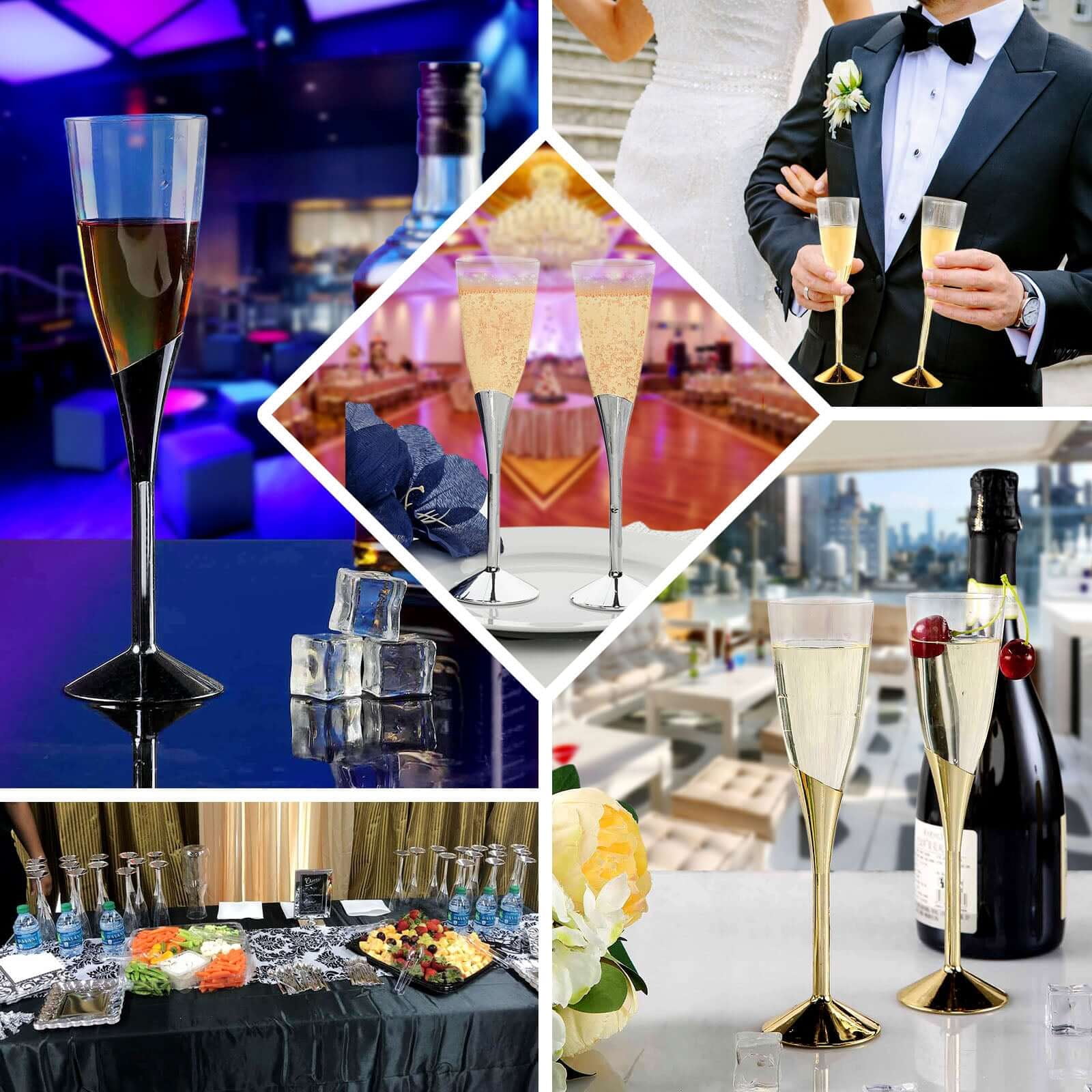 Efavormart 30 Pack | 5 oz | Plastic Champagne Flutes Disposable | Gold | Colored Detachable Base
