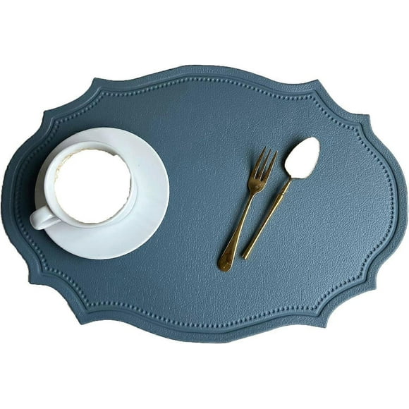Leather Washable Placemats, Blue Thick Faux Leather Heat Resistant Elliptical Shape Table Mats,Waterproof Non-Slip Easy to Clean Place mat for Kitchen