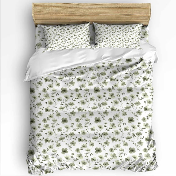 Green Flowers Full Size Comforter Set, Spring Floral Watercolor Plant Vintage Soft Bedding for All Seasons, 4 Pcs Bed Set with 1Comforter (86"x86") ,1 Sheet(80"x116"), 2 Pillowcases (19"x29")