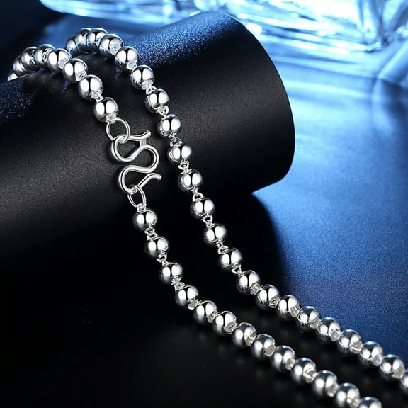 HOOUN Pure 999 Fine Silver Chain Men 10mm Glossy Round Beads Link Necklace 98g/26inch