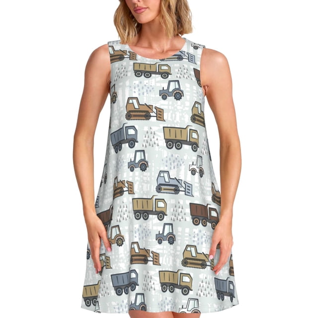 Fotbe Robe Midi d'Été pour Femmes Motif Tracteur et Dumper – Robe Trapèze Sans Manches, Robe T-Shirt Florale, Robe Décontractée Fluide de Plage